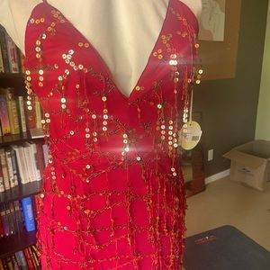NWT red dress with gold sequin fringe and sheer mermaid skirt